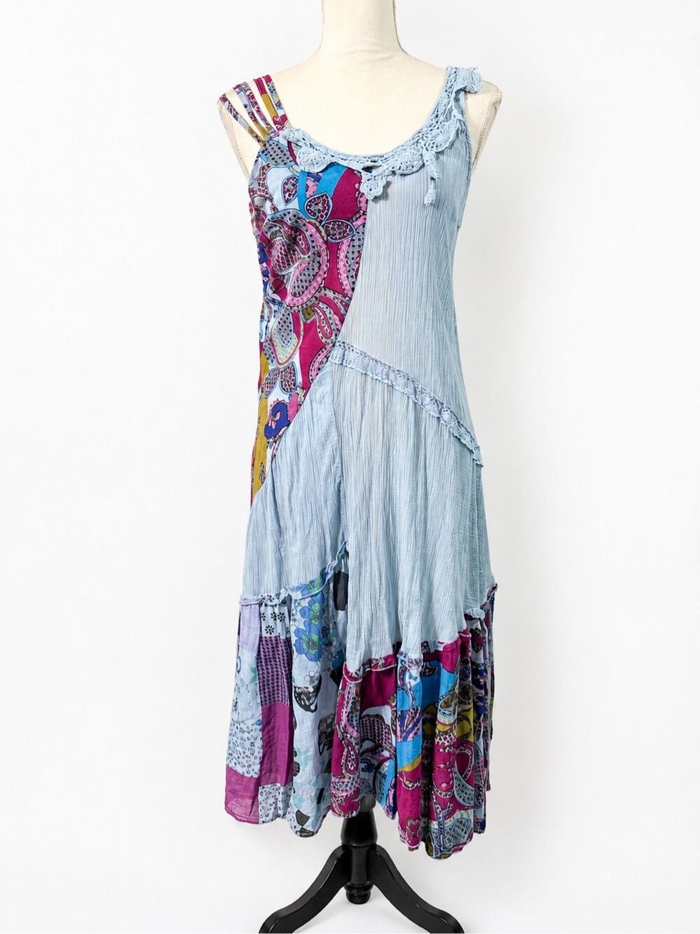John Fashion Patchwork Cotton Boho Dress Paisley Crochet Trim Whimsygoth Fairy